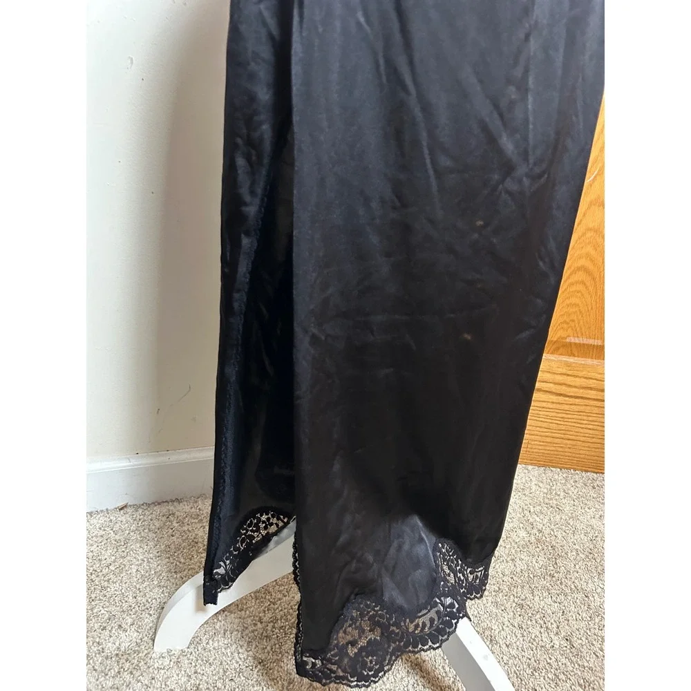 Vintage‎ Adonna Black Nylon Maxi Half Slip Skirt Lace Trim Side Slit Plus 1XL - Picture 3 of 8